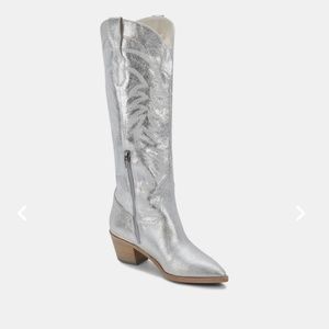 Tall metallic silver cowboy boots